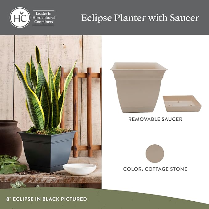 The HC Companies 12 Inch Eclipse Square Planter with Saucer – Indoor Outdoor Plant Pot for Flowers Vegetables Herbs, Cottage Stone (Pack of 2)