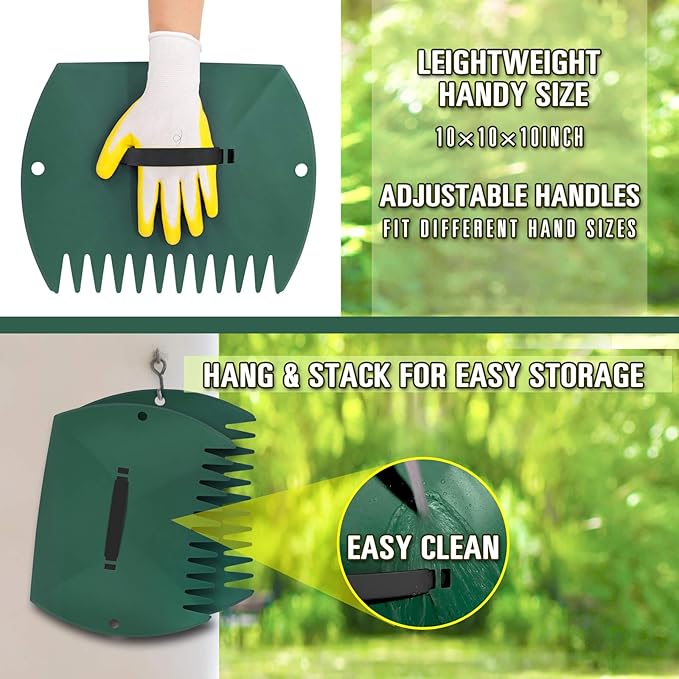 Leaf Rake Set, Garden Rakes for Leaves, 65inch Adjustable Long with 16" Wide Metal Tines, Lawn Rake with Two Lightweight Leaf Scoop-Gardening Grabbers for Leaf Lawn Grass Removal