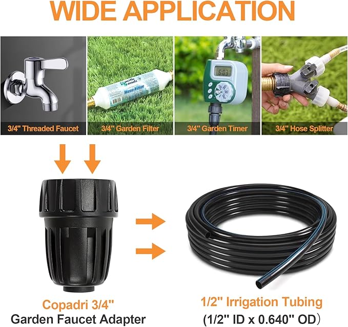 Universal 3/4 Inch Female Pipe Thread to 1/2 Inch Drip Irrigation Tubing Adapter, 6 Pack 1/2 In. Barbed Drip Line x 3/4 In. Faucet PVC Adapter Connect 3/4" FHT Garden Faucet Hose Bibb