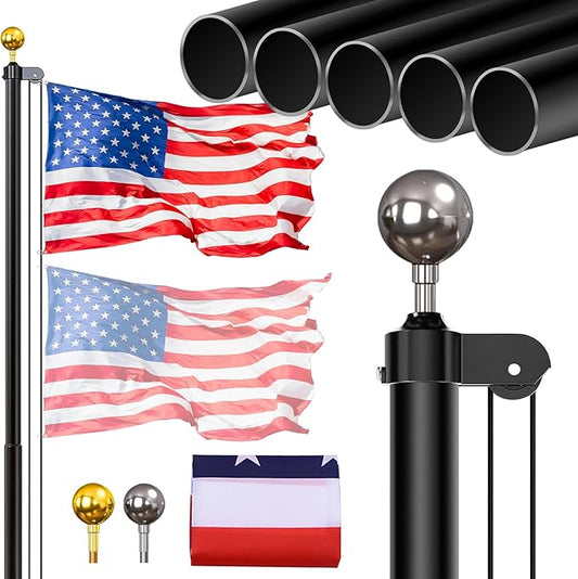 Flag Pole for Outside in Ground, 20FT Sectional Extra Thick Flagpole Kit, Heavy Duty Aluminum Outdoor Flag Poles with 3x5 American Flag for Yard, Garden, Residential or Commercial, Black