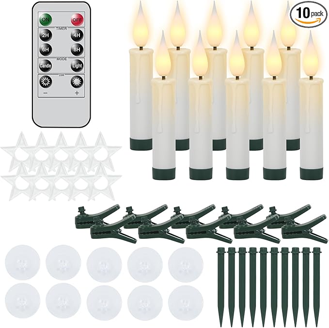 DRomance Christmas Tree Flameless Taper Candle Lights Battery Operated with 10-Key Remote and Timer, 10 Pack Plastic 3D Wick Flickering LED Taper Candles Multi-Using Home Garden Holiday Decor 3.4"