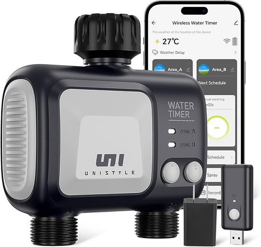Unistyle WiFi Sprinkler Timer 2 Zone, Programmable Smart Water Timer 2 Outlet, WiFi Irrigation Controller with Rain Delay/Auto Mode/Manual, Outdoor Hose Timer for Lawns, Yards and Garden