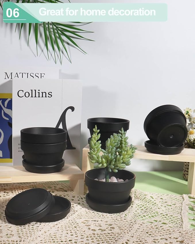 vensovo 3.7 Inch Black Terracotta Shallow Succulent Pots - 6 Pack Terra Cotta Clay Pot with Saucer, Cacuts Indoor and Outdoor Planters with Drainage Hole