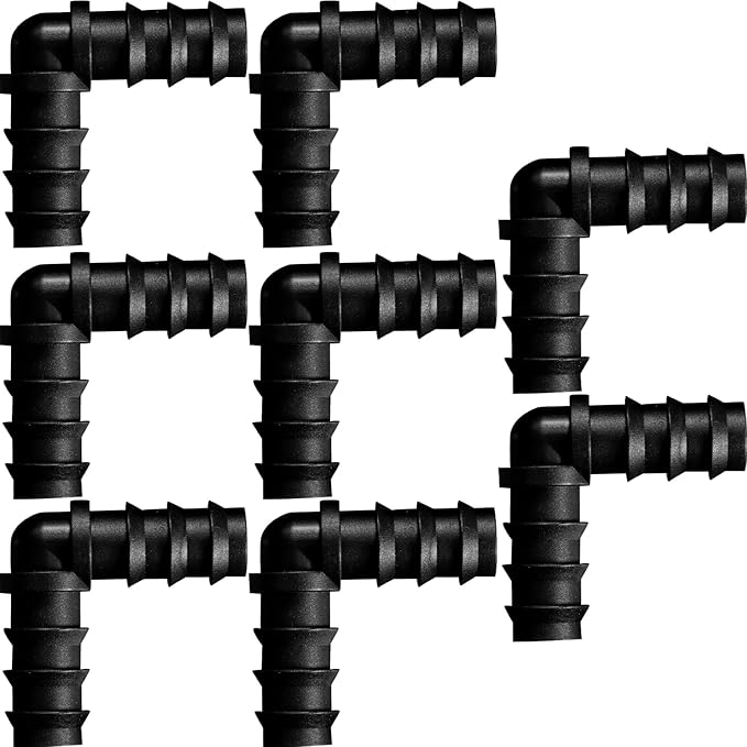 Maitys 8 Pieces Drip Irrigation Barbed Tee Fittings 1/2 Inch Universal Barbed Tee Fittings Connectors Drip Plastic Soaker Hose Connectors Hose End Stop, Black(Elbow)