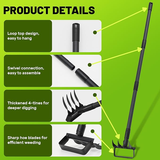 Stirrup Hula Garden Hoe with 4 Tines Rake, 2 in 1 Yard Weed Puller Gardening Weeding Tools, Garden Tiller Cultivator with 62.6" Adjustable Handle for Garden Weeding,Seeding,Ditching,Loosening Soil