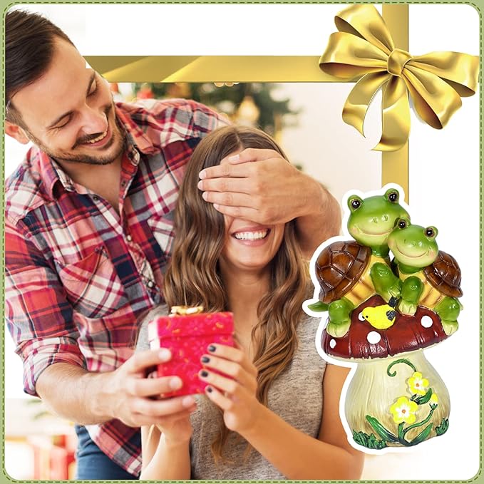 Solar Light Turtle Garden Statue, Turtle on Mushroom Figurine, Lovely Tortoise Garden Statue with 5 LED Lights for Patio, Balcony, Yard, Housewarming, Lawn Ornament, Outdoor Lawn Decor