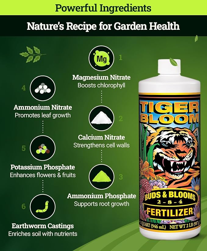 FoxFarm Tiger Bloom Liquid Fertilizer Concentrate - Fast Acting Formula for Vicious Growth with Phosphorus - Encourages Fruit, Flower & Bud Development, NPK 2-8-4 (Quart)