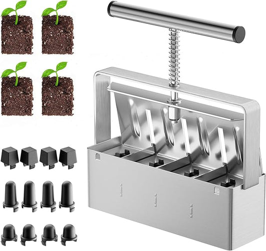 Soil Blocker, 4 Cell Soil Block Maker 2 Inch with 3 Sizes Seed Pins, Seed Handheld Block Maker with Comfortable Handle, Garden Blocking Tools for Seedings, Cuttings, Greenhouses