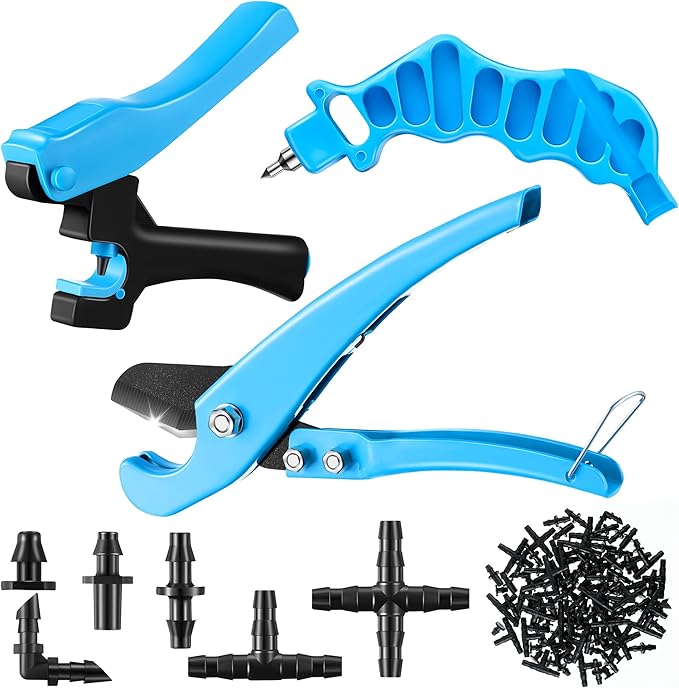 Feekoon Drip Irrigation Tubing Cutter Hole Punch Tools with 115 Irrigation Plugs, 2 in 1 Drip Irrigation Tubing Hole Punch for Easier 1/4" Inch Fitting 16 20 25 mm PE Pipe and Emitter irrigate