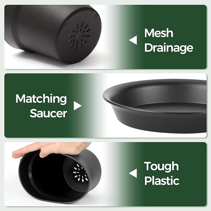 T4U 4 Inch Plant Pots 18-Pack - Small Plastic Planter with Drainage Hole and Saucer, Decorative Nursery Pot Bulk for African Violet, Snake Plant, Succulent and All House Plants Indoor (Black)