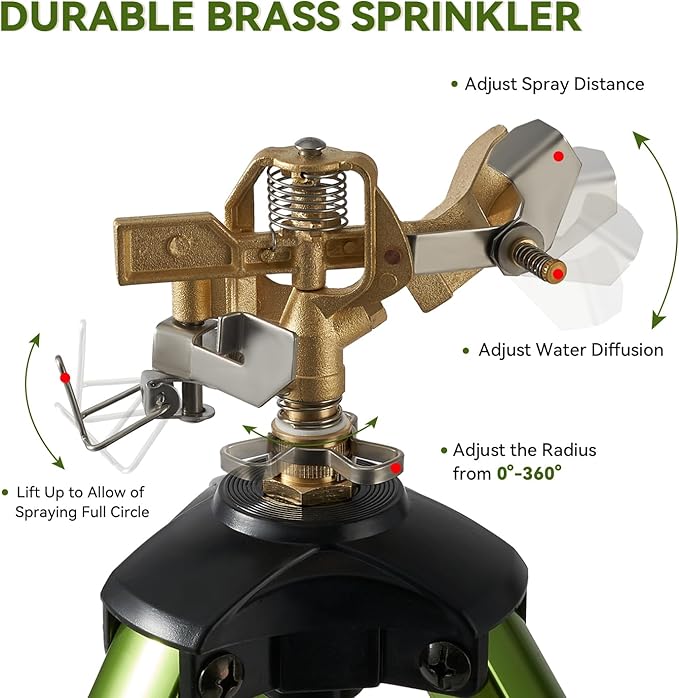 2 Pack Tripod Sprinklers for Yard,Nalupatio Impact Sprinkler on Tripod Base,Heavy Duty Brass Sprinklers,270 Degree Large Area Irrigation,3/4 Inch Connector Sprinkler with Legs Flip Locks for Lawn/Yard