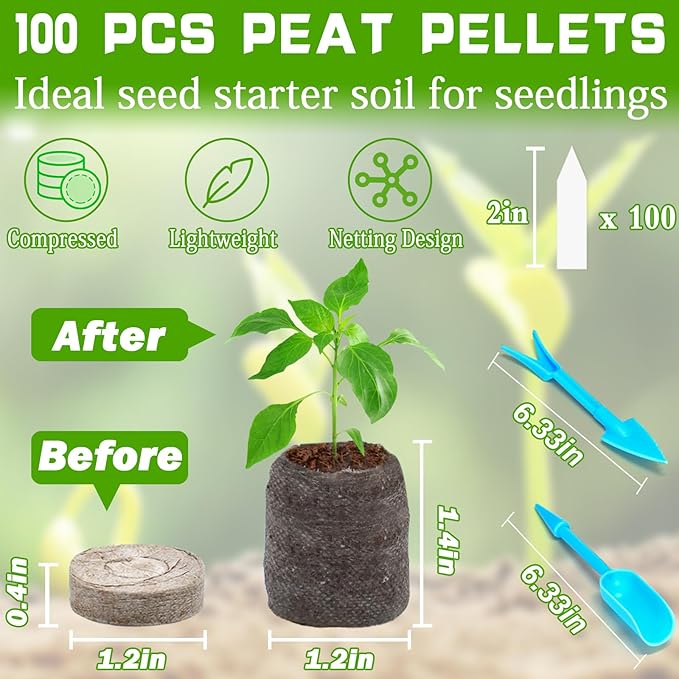 ZeeDix 100 Pcs 30mm Peat Pellets Seed Starter Soil Pods Plugs for Vegetable Seedling, Compressed Peat Nutrient Pods for Planting Easy Transplant with 100 Plant Labels & 2 Garden Tools