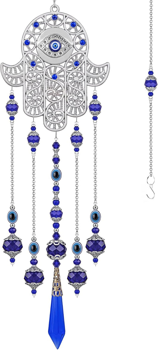 Crystal Prism Suncatcher Ornament with Hamsa Fatima Hand Protection Charm Turkish Greek Blue Evil Eye Sapphire Crystals Beads for Window Hanging Decoration