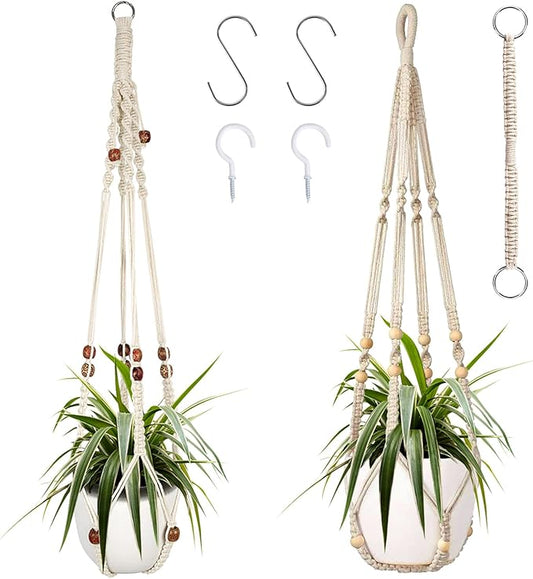 Augshy Macrame Plant Hanger, 2Pcs Hanging Plant Holder with Extender Plant Hangers for Indoor Outdoor Decor Macrame Hanging Planter Basket with 4 Hooks