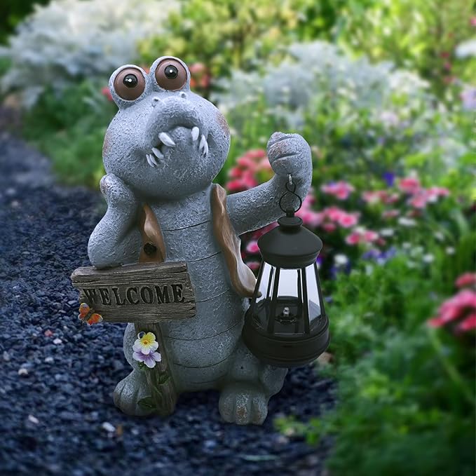 Solar Crocodile Decor-12.6 in Outdoor Statues for Garden,Patio,Porch,Balcony,Backyard or Lawn Decor- Birthday Gifts for Women