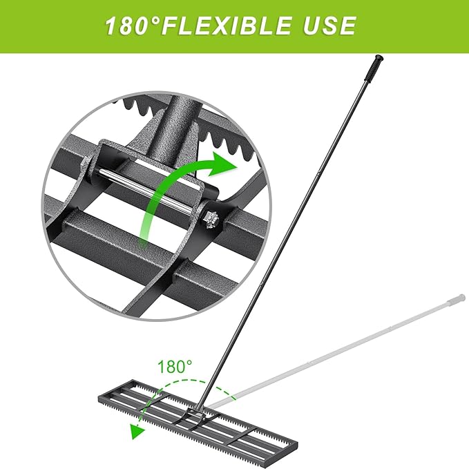 Lawn Leveling Rake with Rounded Edges, 42 x 10'' Leveling Rake with Tines for Soil, Heavy Duty Lawn Leveler with 7FT Handle, Ground Level Tool for Farm, Garden, Backyard