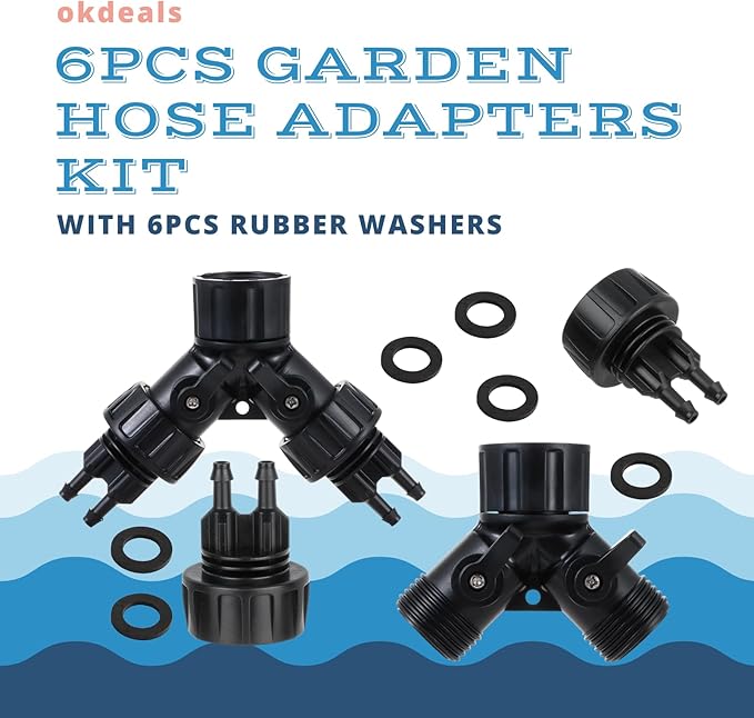 6pcs Garden Hose Adapters Kit, 2 Way Y Water Splitter Connector with 3/4'' Faucet Convert to 1/4'' Drip Irrigation Tubing Adapters, Garden Outdoor Watering Hose Connectors Set