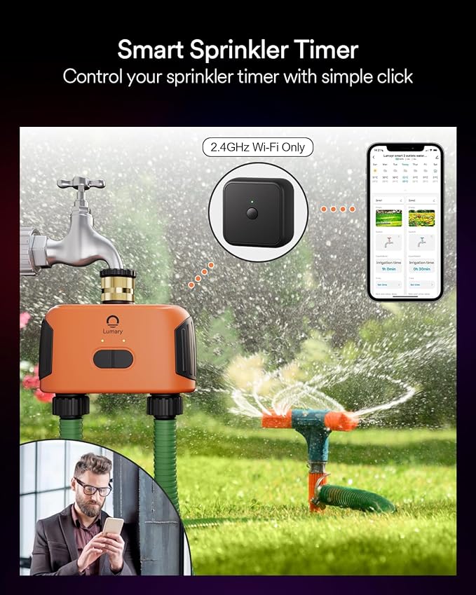 Lumary Smart Sprinkler Timer 2 Zone, WiFi Water Timer for Garden Hose, Brass Inlet Water Hose Timer Outdoor, Manual/Automatic Drip Irrigation Timer, App/Voice Control Work with Alexa, Orange, L-WT2A1