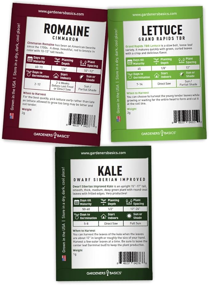 Gardeners Basics, Hydroponic Seeds for Planting Planting Indoors and Outdoor 5 Variety Pack - Tatsoi, Kale, Buttercrunch, Romaine and Loose Leaf Lettuce Seeds