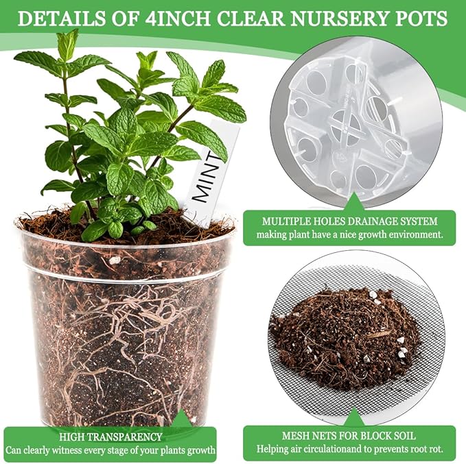 4 Inch Clear Nursery Pots for Plants, Plastic Plant Pot with Drainage Holes, Sturdy Thickened Seed Starter Pots, Small Transparent Seedling Pots with 30 Pcs Plant Labels and Soil Screens, (30 Pack)