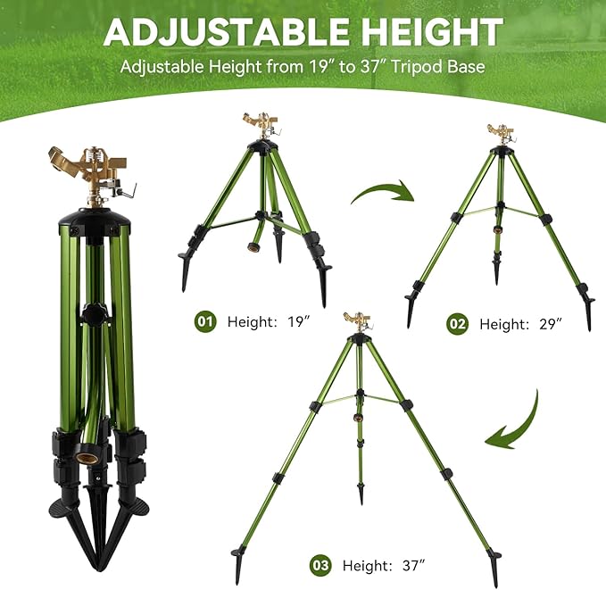 Tripod Sprinklers for Yard,Nalupatio Impact Sprinkler on Tripod Base,Heavy Duty Brass Sprinklers,360 Degree Large Area Irrigation,3/4 Inch Connector Sprinkler with Legs Flip Locks for Lawn/Yard,1 Pack