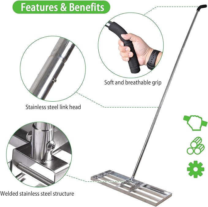 Scalebeard Lawn Leveling Rake-7 FT Level Lawn Tool / Soil Lawn Rake Stainless Steel Leveling Rake Landscape Rake with Handle for Garden Backyard Golf/Lawn（7FT, 30 x 10IN）