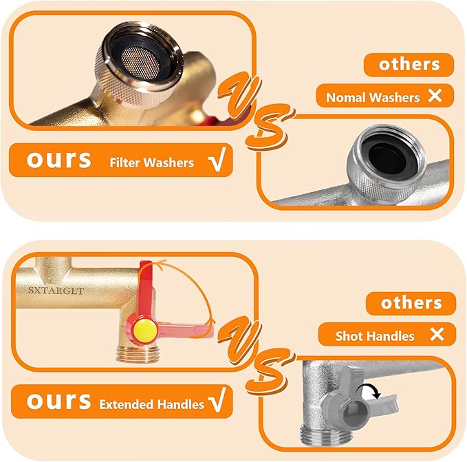 Brass garden hose splitter,、2 way hose splitter with 2 Extension Handles, GHT 3/4”Outdoor Faucet Diverter for irrigation system with extra 1 Filter Rubber Washers 2 Quick Connectors 1 Tape