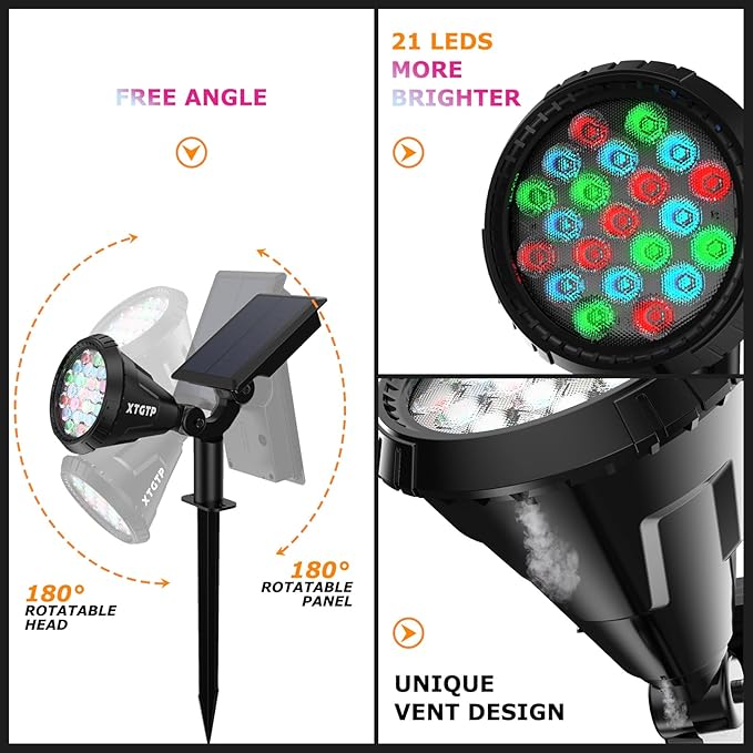 Color Changing Solar Spot Lights Outdoor, 21 LEDs Brightness Solar Pathway Lights Outdoor, IP67 Waterproof Exterior Solar Lights for House, 2-in-1 Solar Flood Lights Outdoor for Yard
