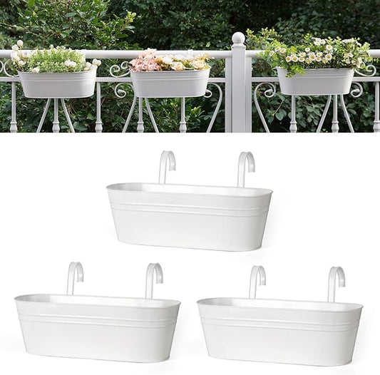 Dahey 3 Pcs Metal Iron Hanging Flower Pots for Railing Fence 15.7 Inch Hanging Bucket Pots Countryside Style Window Flower Plant Holder with Detachable Hooks for Garden Yard Home Decor, White