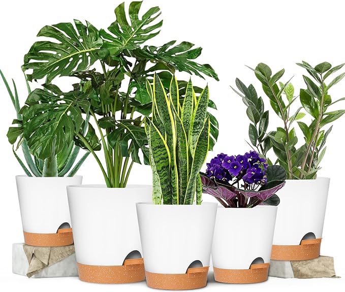 GARDIFE Plant Pots 7/6.5/6/5.5/5 Inch Self Watering Planters with Drainage Hole, Plastic Flower Pots, Nursery Planting Pot for All House Plants, African Violet, Flowers, and Cactus,White