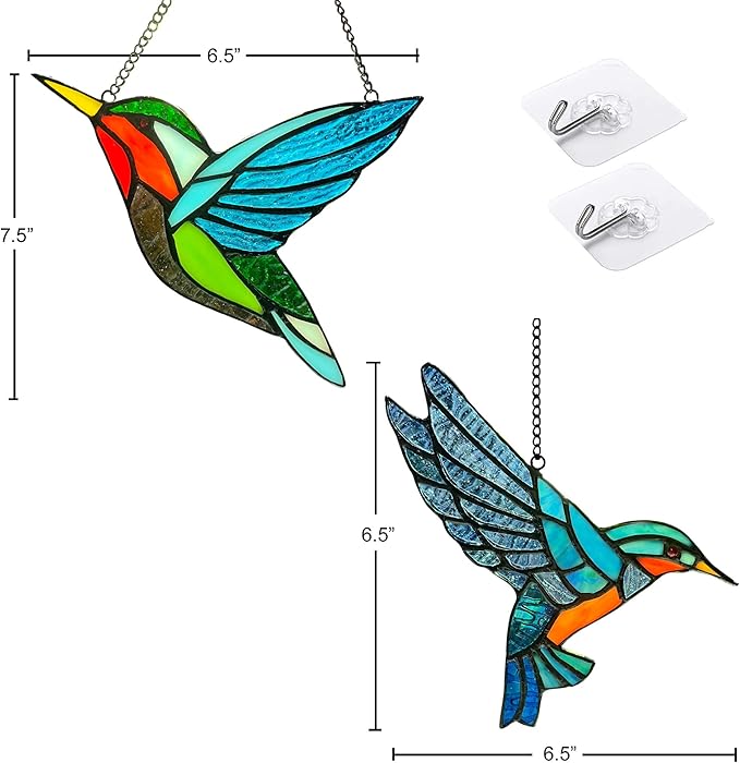 2 Pack Hummingbird Stained Glass Birds Window Hangings, Stained Glass Decorations,Bird Suncatcher for Window Decor Hummingbird Gifts for Mom,Bird Lovers