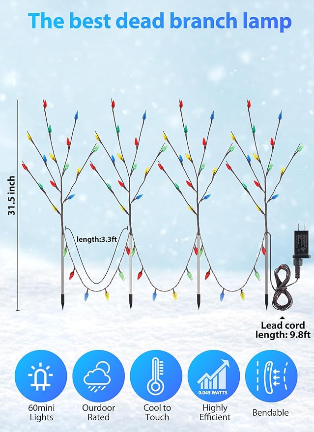 Brightown LED Twig Lights, 2 Sets Total 8 Packs Lighted Branches for Vases Plug in, C6 Driveway Christmas Lights, Outdoor Christmas Stems Outdoor Decorations Yard, Multicolor