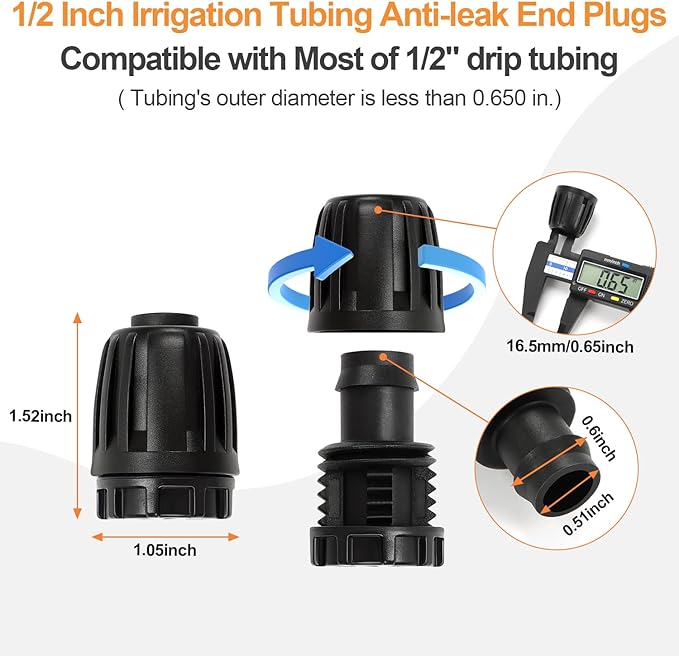 1/2 Inch Drip Irrigation End Plug Fittings, 12 Pieces 1/2'' Drip Line Barbed Locked End Cap Connectors for 1/2 Inch Irrigation Tubing (1/2" ID x 0.640" OD) for Garden Watering System