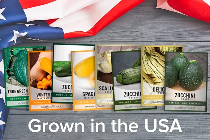 Gardeners Basics, 8 Squash Seeds for Planting Individual Packets - Zucchini, Delicata, Butternut, Spaghetti, Scallop, Caserta, Round and Hubbard for Your Non GMO Heirloom Vegetable Garden
