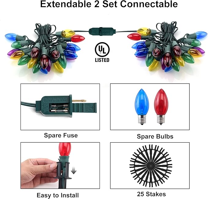 Christmas Pathway Lights Outdoor 29ft, 25 Packs C9 Christmas Walkway Lights with Stakes for Outside, Multicolor Xmas Pathway Lights for Christmas Outdoor Decorations