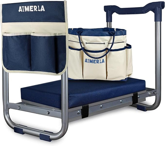 K5 Foldable Garden Kneeler Seat Heavy Duty (Detachable Cloud Kneeler Pad) Garden Stool - 2 Large Capacity Garden Tool Bags with Pockets - Portable Garden Bench for Indoor and Outdoor