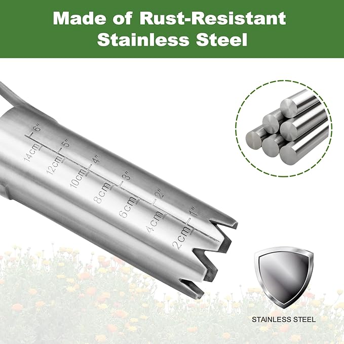 Bulb Planter Tool, 6 Inches Depth Mark Hand Bulb Planter, Non-Bending Stainless Steel Bulb Planter Digger, Garden Bulb Transplanter with Comfortable Grip Wooden Handle for Tulip and Daffodils