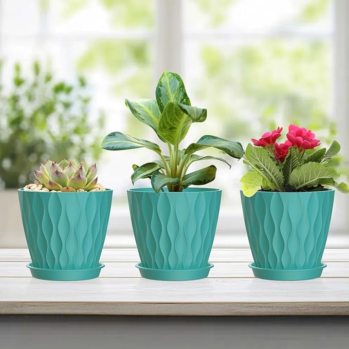 6 Pack 4 Inch Small Plant Pots with Saucers, 3D Textured Plastic Planters with Drainage Holes for Indoor and Outdoor Plants, Flowers, Herbs, Succulents, and Seedlings, Blue