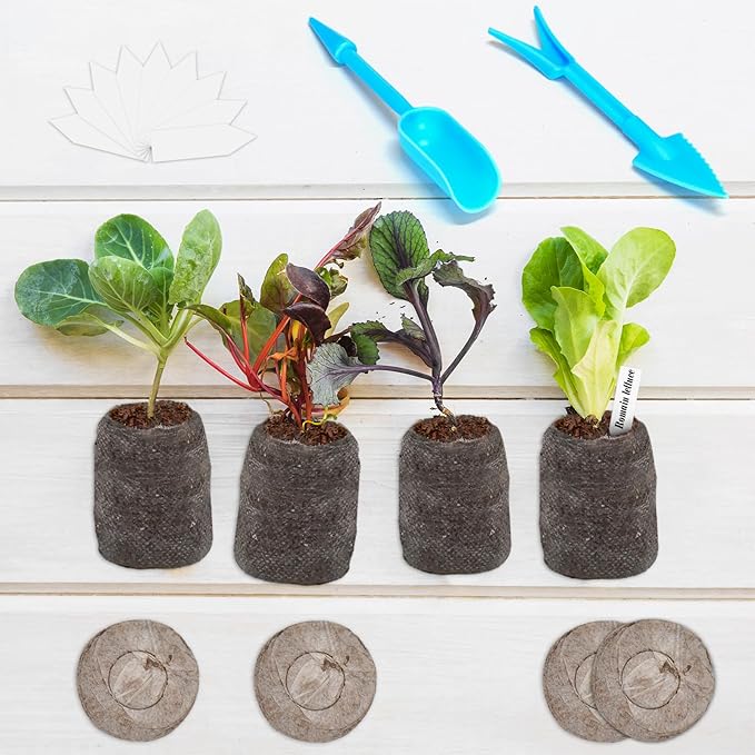 ZeeDix 100 Pcs 30mm Peat Pellets Seed Starter Soil Pods Plugs for Vegetable Seedling, Compressed Peat Nutrient Pods for Planting Easy Transplant with 100 Plant Labels & 2 Garden Tools