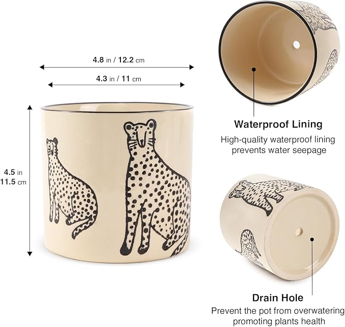 Indoor Ceramic Plant Pots with Drainage Holes 5 Inch Cute Succulent Flower Pots Small Orchid Planter Pots for Indoor Plants Garden Pots, Two Panthers