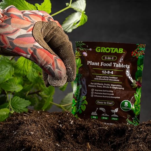 GROTAB 3-in-1 Plant Food Tablets 8 Tabs Natural 12-8-4 Plant Fertilizer Outdoor Indoor All-Purpose Flower Garden Vegetable Orchard Greenhouse Plant Fertilizer with Mycorrhizal Trichoderma Microbials