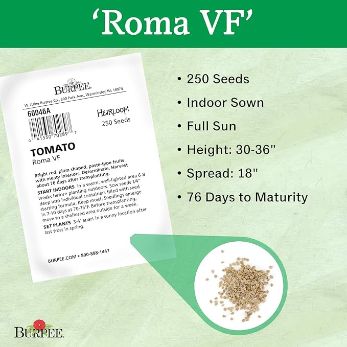 Burpee 'Roma VF' Heirloom | Red Paste Tomato | 250 Seeds
