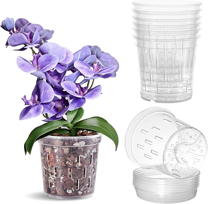 TRUEDAYS 6 Pack Orchid Pot with Saucers Garden Pot 5 Inch Clear Plastic Plant Pots with Drainage Holes for Indoor Outdoor Plants