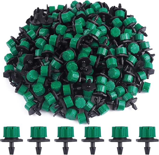 Kalolary 200Pcs Adjustable Irrigation Drippers, 1/4 Inch Barbed Drip Emitter 360 Degree Watering Sprinklers Anti-Clogging Drippers for 4mm/7mm Garden Watering System（Dark Green）