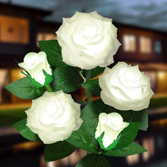 Solar Flower Lights Outdoor - Upgraded New Material Two Modes Realistic LED Solar Powered Waterproof Lights with 5 Roses, Solar Decorative Stake Lights for Garden (White, 1 Pack)