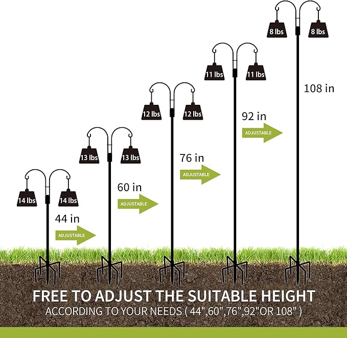 XDW-GIFTS Double Shepherds Hooks for Outdoor, 2-Pack Heavy Duty Garden Pole for Hanging Bird Feeder, Plant Baskets, Solar Light Lanterns, Garden Plant Hanger Stands with 5 Base Prongs