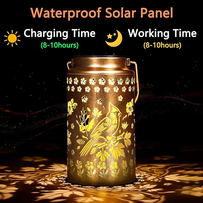 2 Pack Cardinal Solar Lanterns Outdoor Waterproof, Metal Hanging Lights Decorations for Garden Yard Lawn Patio, Cardinal Gifts for Women Mom Grandma Gardener for Mother'Day Christmas