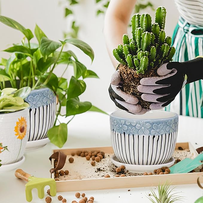 Ceramic Plant Pots Set of 3, 6.75/5.6/4.2 inch Planters with Drainage Holes and Saucer, Flower Pots Outdoor Indoor, Modern Decorative Planters for House Plants Garden Planters Succulent Pots