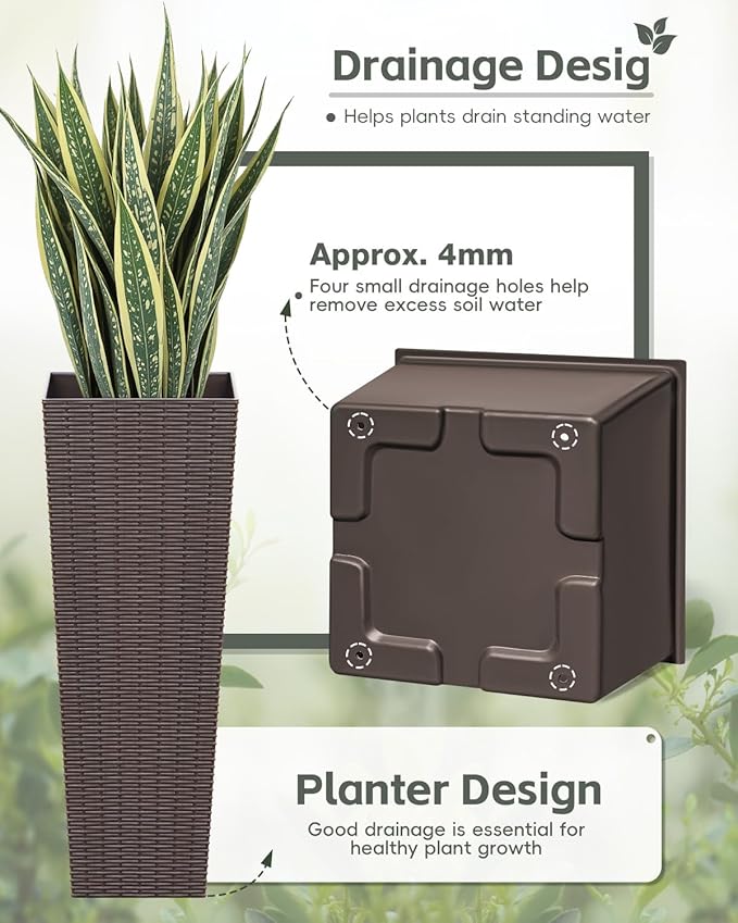 Greesum 32 Inch Tall Plastic Planters with Rattan Texture – Set of 2, Detachable Inner Pot & Drainage Holes, Indoor/Outdoor Decorative Flower Pots for Large Plants, Trees, Patio, and Garden, Brown