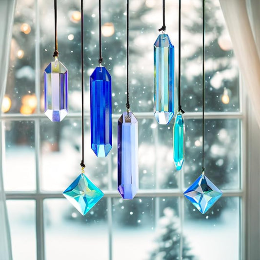 HDCRYSTALGIFTS Crystal Prisms Sun Catchers, 7PCS Blue Dreams Suncatcher Hanging Kit Rainbow Maker Pendant Ornaments for Indoor Window Outdoor Garden Christmas Tree Decor